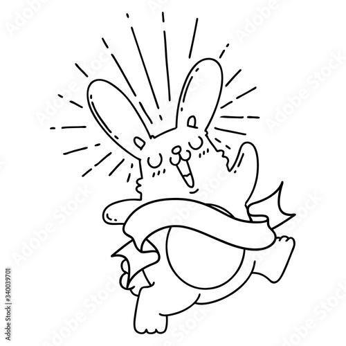 banner with black line work tattoo style prancing rabbit