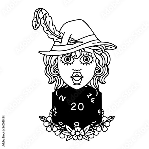 human bard with natural 20 dice roll illustration