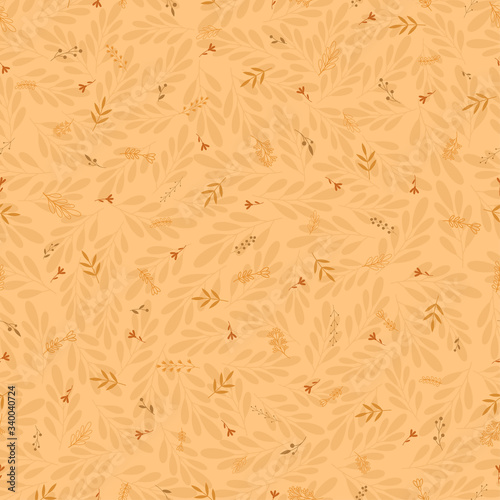 Floral seamless pattern with leaves,flowers, twigs, branches, berries. Vector illustration for fabric, wrapping paper, backgrounds, packaging.On a light orange background.