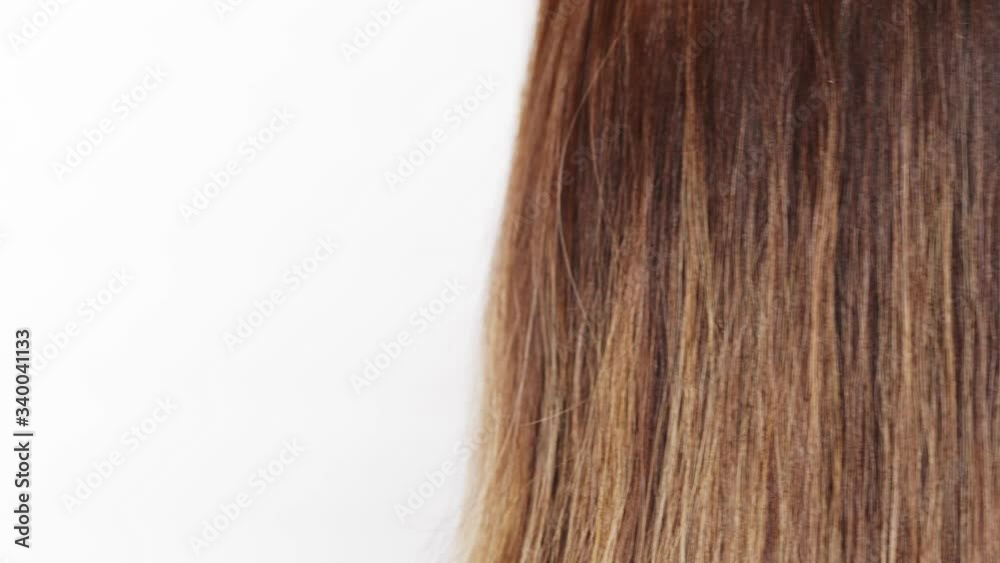 Long brunette hair with highlights close-up, young woman with straight shiny dyed hair, colored layers, care concept, 4k Long brunette hair with highlights close-up, young woman with straight shiny dyed hair, colored layers, care concept, 4k