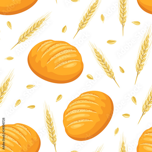 Bread, ears of wheat and grains seamless pattern. Vector illustration of fresh pastries in cartoon flat style. Food background.