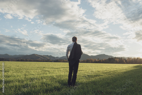 Businessman standing in green meadow under cloudy sky