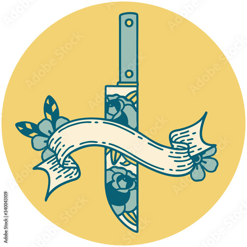 icon with banner of a dagger and flowers