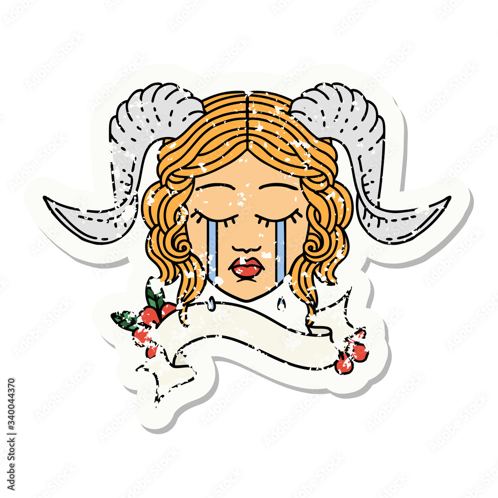 crying tiefling character face with scroll banner grunge sticker