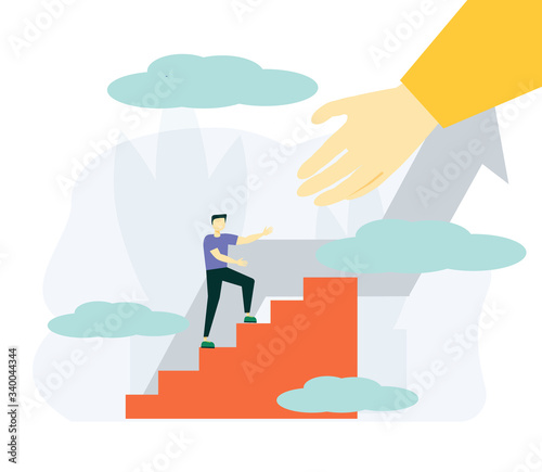 Help vector illustration. Flat tiny emergency assistance person concept. Rescue solution in danger and problematic situation. Social solidarity and voluntary aid service. Abstract giving hand teamwork