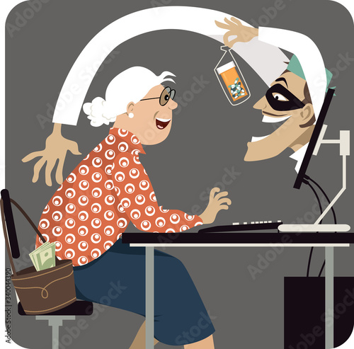 Criminal, pretending to be a health care professional, attempting to scam a senior woman offering her medication on-line,  EPS 8 vector illustration