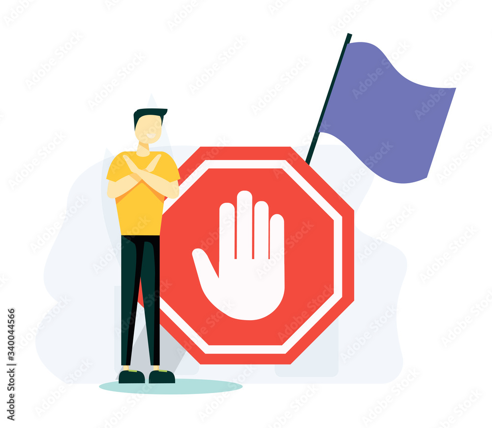 Stop sign vector illustration. Flat tiny prohibition no gesture person concept. Symbolic warning, danger or safety caution information. Forbidden entry or restricted area ban or blocked road alert.