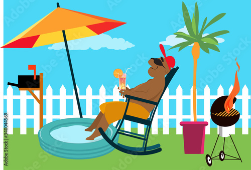 Man enjoying a staycation at the backyard under an umbrella, EPS 8 vector illustration	
