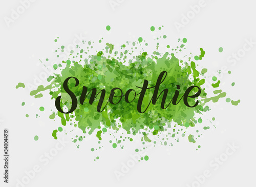 Hand written lettering Smoothie. Black inscription on green watercolor background