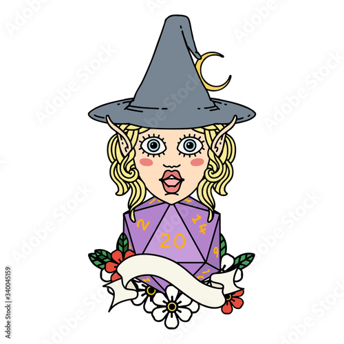 elf mage character with natural twenty dice roll illustration