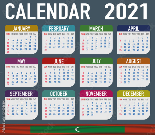 Maldives Calendar with flag. Month, day, week. Simply flat design. Vector illustration background for desktop, business, reminder, planner