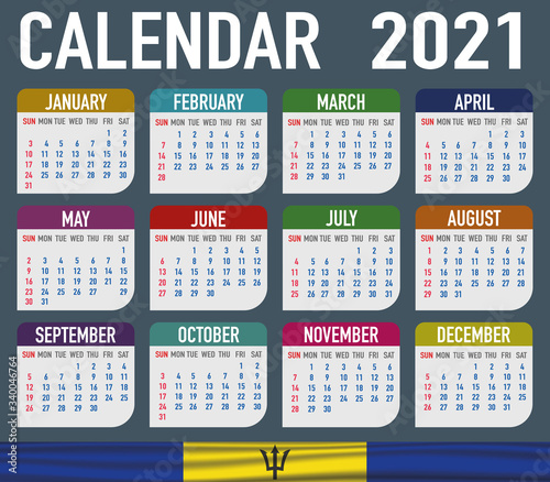 Barbados Calendar with flag. Month, day, week. Simply flat design. Vector illustration background for desktop, business, reminder, planner