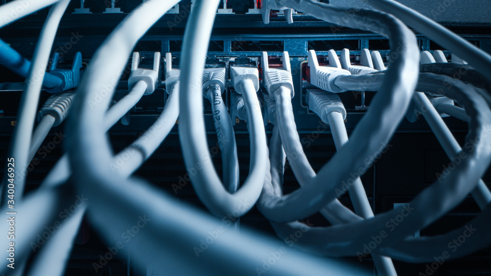 Close-up Macro Shot: Ethernet Cables Connected to Router Ports. Telecommunications: RJ45 Device Connectors Plugged into Modem Hubs. Close-up Macro Shot: Ethernet Cables Connected to Router Ports. Telecommunications: RJ45 Device Connectors Plugged into Modem Hubs.