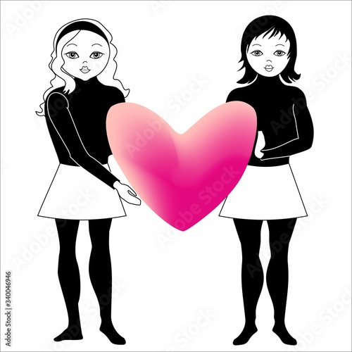 Two girls holding a big voluminous pink heart. Happy Mother's Day. Happy Valentine. 