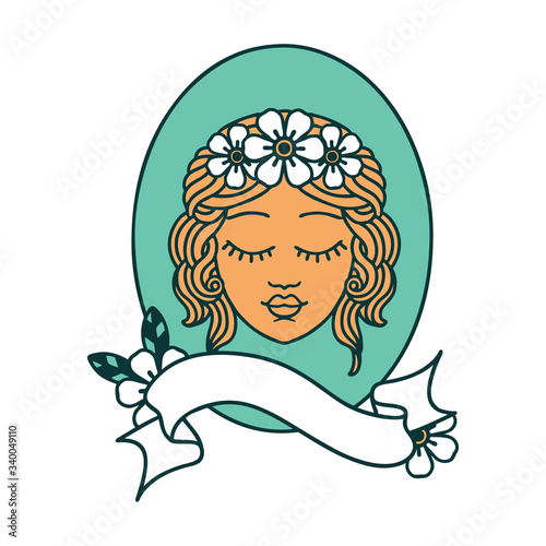 tattoo with banner of a maiden with eyes closed