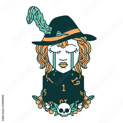 crying human bard with natural one D20 dice roll illustration