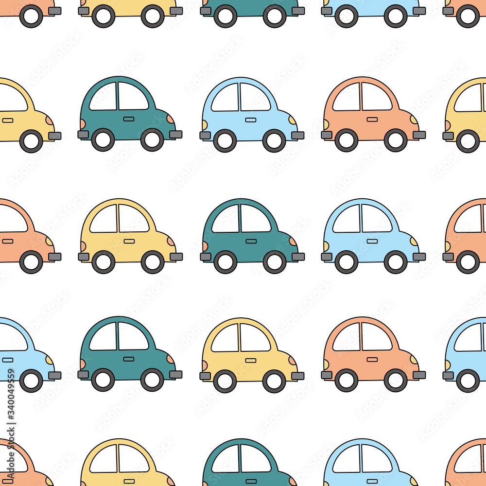White vector pattern with cute colorful cars