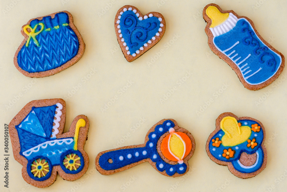 greeting card with newborn baked cookies on colored paper