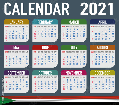 Sudan Calendar with flag. Month  day  week. Simply flat design. Vector illustration background for desktop  business  reminder  planner