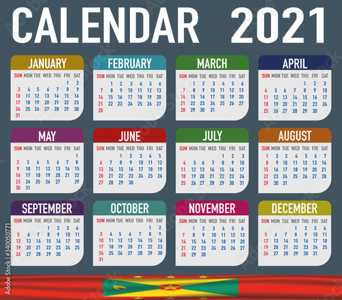 Grenada Calendar with flag. Month, day, week. Simply flat design. Vector illustration background for desktop, business, reminder, planner