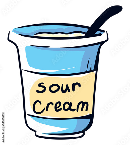 Sour cream in blue bowl, illustration, vector on white background