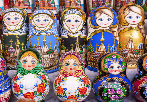 Russian wooden doll matryoshka. Traditional souvenir from Russia is a nesting doll.