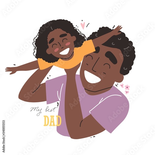 Fathers day, happy family, Black african american daughter plays with dad and smiling
