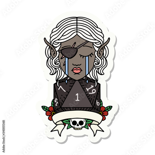 crying elf rogue character with natural one D20 roll sticker