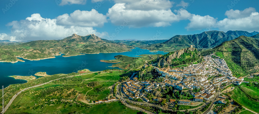 Aerial view of Zahara de la Sierra one of the white towns or Pueblos ...