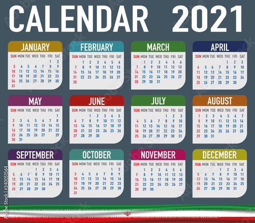 Iran Calendar with flag. Month, day, week. Simply flat design. Vector illustration background for desktop, business, reminder, planner