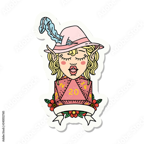 elf bard with natural twenty dice roll sticker
