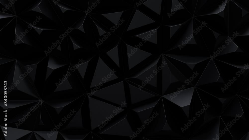 Black dynamic fragments. Polygonal pattern design. 3d loop animation. Triangular mosaic surface. Morphing cells. Futuristic carbon crystals. 4K seamless architectural composition. Abstract background.