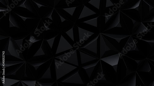 Black dynamic fragments. Polygonal pattern design. 3d loop animation. Triangular mosaic surface. Morphing cells. Futuristic carbon crystals. 4K seamless architectural composition. Abstract background.