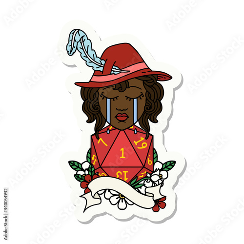 crying human bard with natural 1 D20 roll sticker
