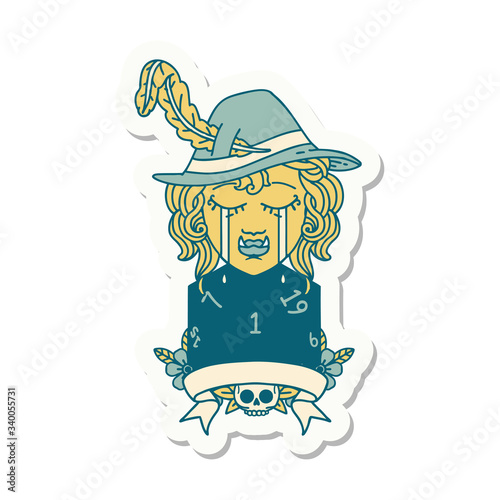 crying orc bard character with natural one D20 roll sticker