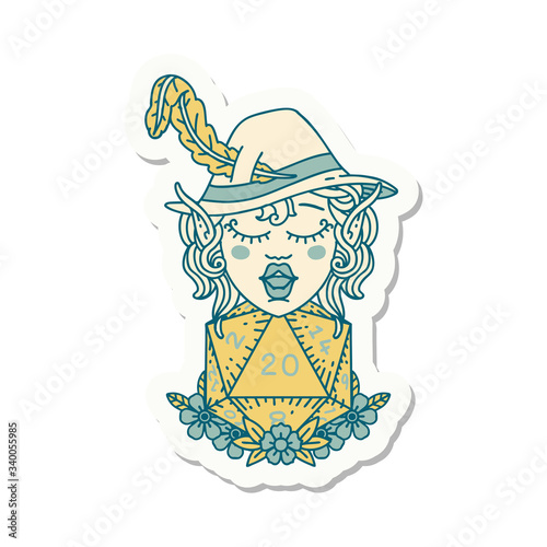 elf bard character with natural twenty dice roll sticker