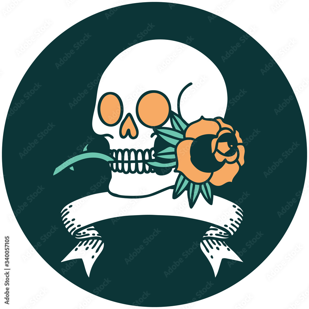 icon with banner of a skull and rose icon with banner of a skull and rose