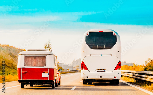 RV Camper Car and Bus on Road in Switzerland reflex