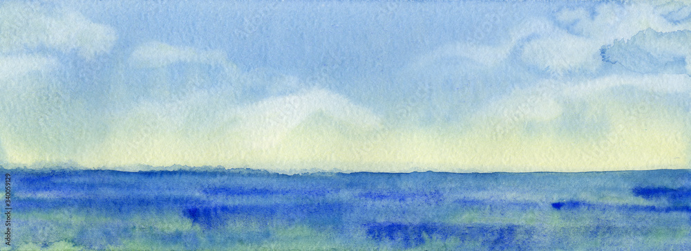 Naklejka premium Sea landscape in watercolor. Sunrise, calm sea, skyline.