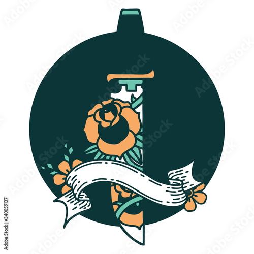 icon with banner of a dagger and flowers