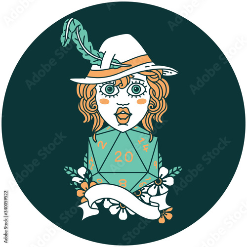 human bard with natural twenty dice roll icon