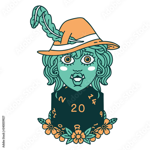 half orc bard with natural twenty dice roll  illustration