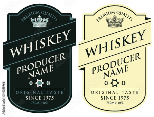 Set of two vector labels for whiskey in the figured frame with crowns and inscriptions in retro style. Premium quality, strong alcoholic beverage collection