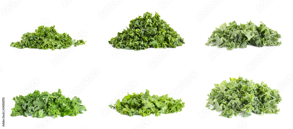Naklejka premium Set of fresh green kale leaves on white background