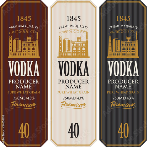 Set of vodka labels with the image of distillery building. Decorative vector labels for vodka in retro style. Premium quality, pure wheat grain, strong alcoholic beverage collection