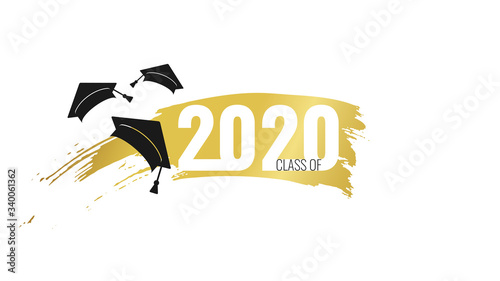 Class of 2020. Hand drawn brush gold stripe and number with education academic cap. Template for graduation party design, high school or college congratulation graduate, yearbook. Vector illustration.