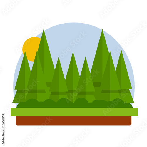 Forest thicket. Green tree. Summer season. Wood and nature. Grass and earth. Cartoon flat illustration