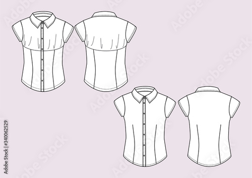Camicia manica corta donna disegno piatto sketch fashion illustration fronte e retro mock up vettoriale
