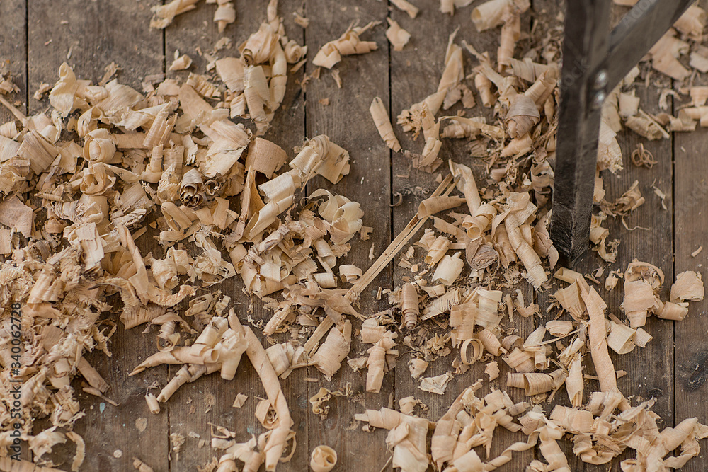 Poplar wood shaving laying on the floor of a design studio with dark wooden planks