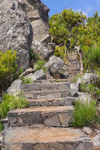 A stone staircase on a hiking trail in the mountains of Madeira, Portugal.